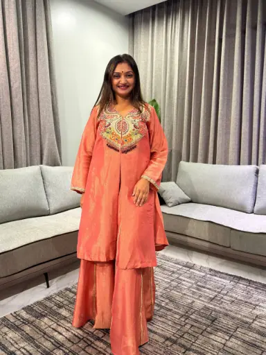 [2892] Peach Coral Shimmer Organza Indo-Western Shrug Palazzo Set