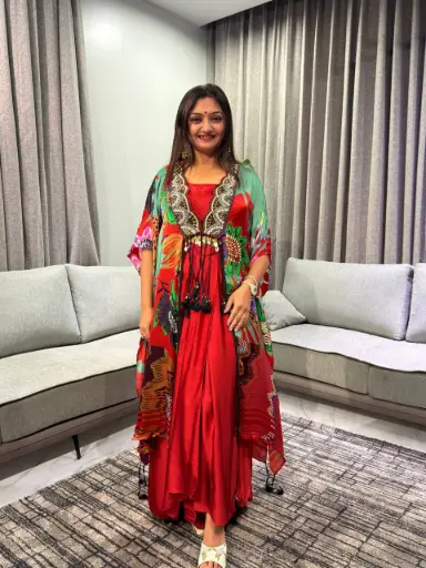 [2894] Rust Orange Tropical Floral Print Modal Satin Kaftan Co-Ord Set