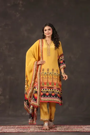 [2896] Mustard Yellow Viscose Crepe Embroidered Yoke 3-Piece Kurta Set