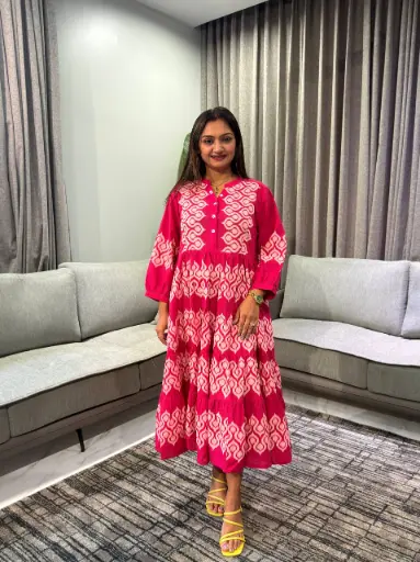 [2899] Pink Geometric Tiered Pure Cotton Long Dress