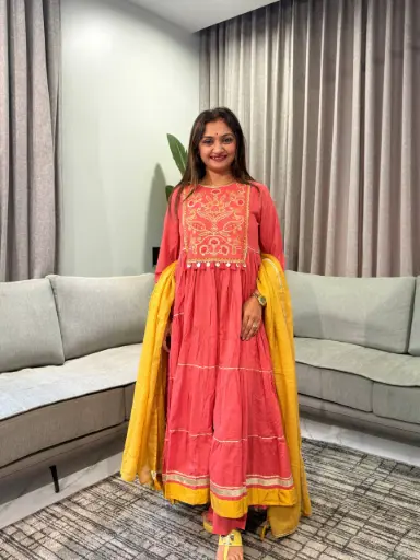 [2912] Coral Pink Tiered Anarkali Festive Cotton Suit Set