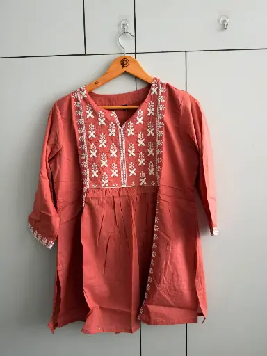 [2918] Rust Peach Floral Threadwork Premium Cotton Tunic