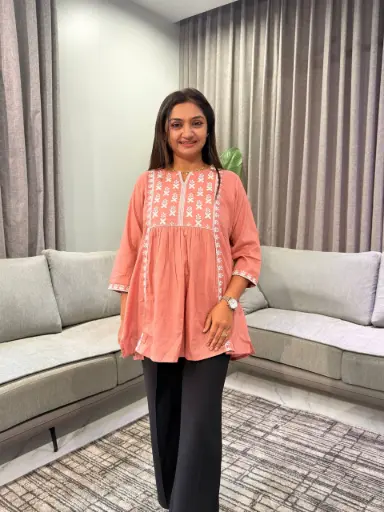 [2918] Rust Peach Floral Threadwork Premium Cotton Tunic