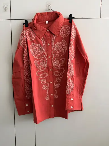 [2921] Coral Rust Cord-Embroidered Pure Cotton Shirt