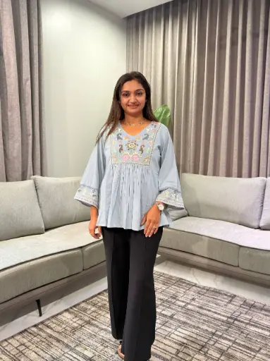 [2922] Powder Blue Folk Floral Embroidered Mull Cotton Top