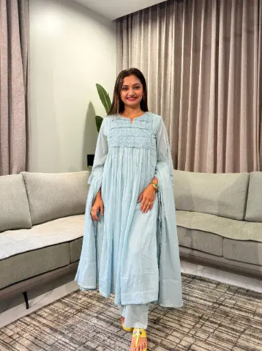 [2925] Pastel Blue Lace Embroidered Anarkali Set