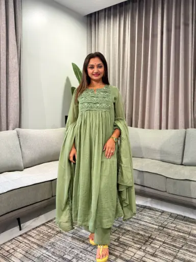 [2927] Olive Sage Green Lace Embroidered Anarkali Cotton Suit Set