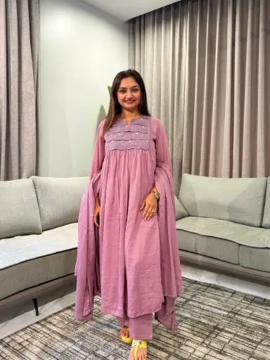 [2928] Dusty Mauve Lace Embroidered Anarkali Cotton Suit Set