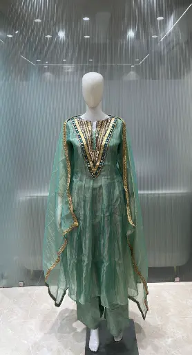 [2929] Sea Green Hand-Worked Tissue Silk Anarkali Suit Set