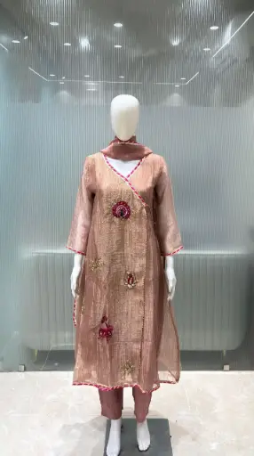 [2930] Rose Gold Angrakha Metallic Festive Tissue Suit Set