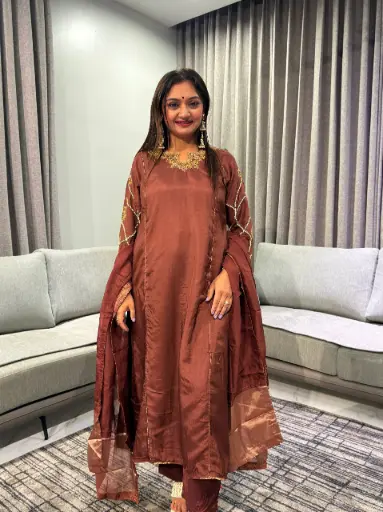 [2934] Chocolate Brown Dola Silk Hand-Embroidered Anarkali Suit Set