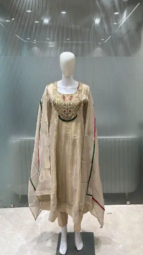 [2936] Beige Gold Festive Tissue Hand-Embroidered Anarkali Suit Set