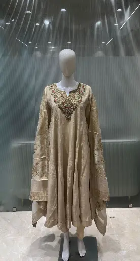 [2937] Beige Gold Festive Tissue Zardozi & Threadwork Anarkali Set