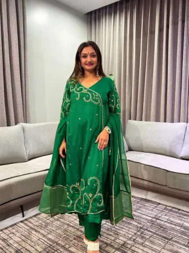 [2944] Emerald Green Dola Silk Angrakha Co-Ord Set