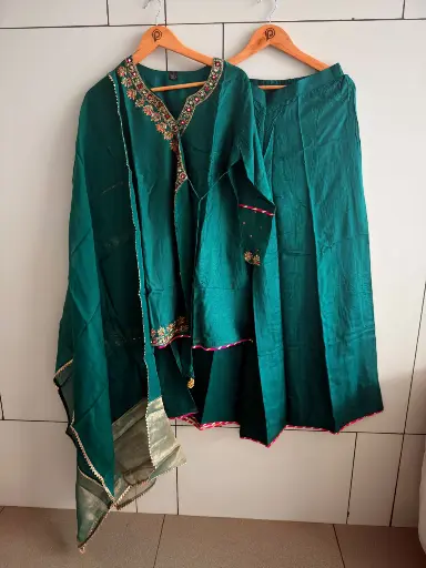 [2948] Emerald Green Dola Silk Angrakha Sharara Co-Ord Set