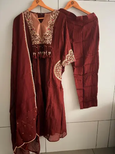 [2949] Chocolate Brown Dola Silk Pearl & Embroidered Neck Kurta Set