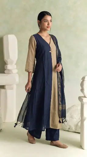 [2950] Navy & Beige Mull Cotton Color-Blocked Kurta Set