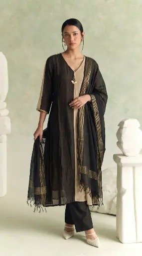 [2951] Black & Beige Mull Cotton Color-Blocked Kurta Set