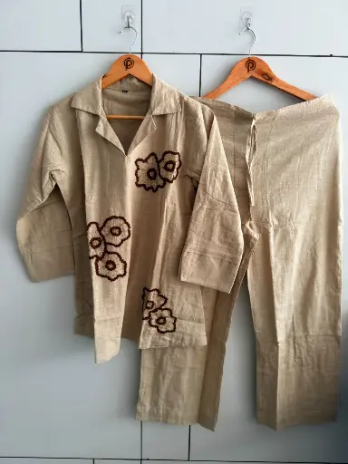 [2952] Beige Flex Cotton Embroidered Notch Collar Co-Ord Set