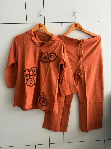 [2953] Rust Orange Flex Cotton Embroidered Notch Collar Co-Ord Set