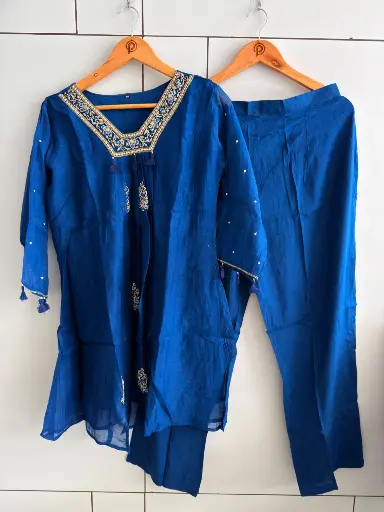 [2955] Royal Blue Mull Chanderi Embroidered Neck Co-Ord Set