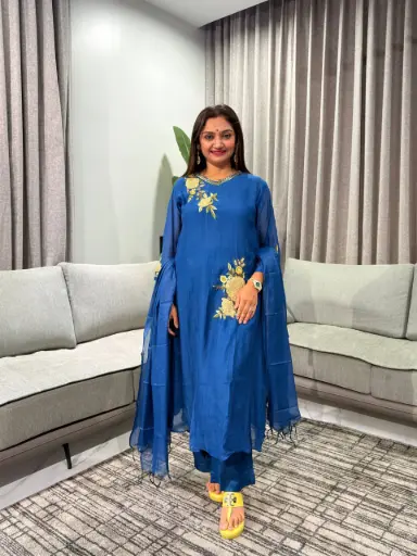 [2957] Royal Blue Mull Chanderi Floral French Knot Kurta Set