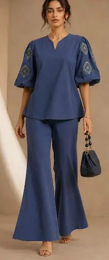 [2961] Slate Blue Cotton Embroidered Puff Sleeve Co-Ord Set
