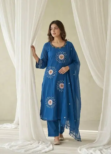 [2962] Teal Blue Mull Chanderi Floral Motif Kurta Set