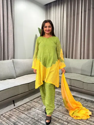 [2967] Olive Green & Yellow Kota Doriya Leheriya Kurta Set