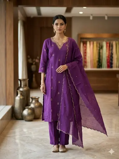 [2969] Purple Banarasi Mull Chanderi Embroidered Neck Kurta Set