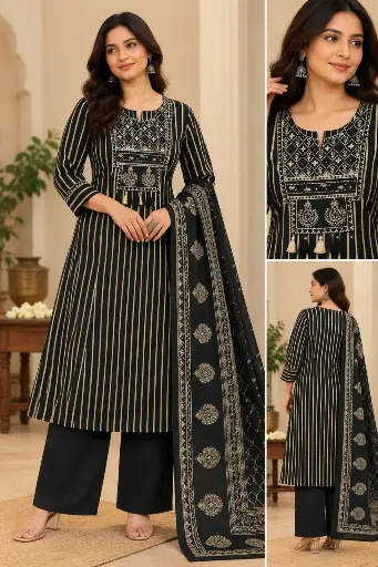 [2974] Black & Gold Striped Cotton Printed Kurta Set