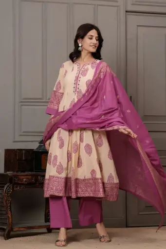[2981] Magenta Paisley Mull Cotton Anarkali Set