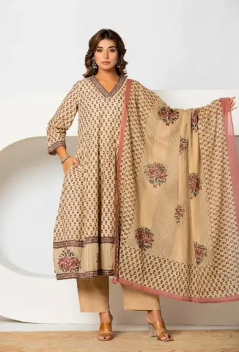 [2984] Beige & Mauve Floral Printed Mull Cotton Anarkali Set