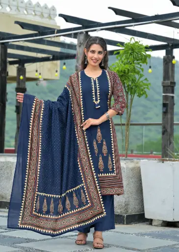 [2985] Indigo Navy Blue Ajrakh Printed Mull Cotton Kurta Set