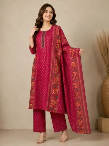 [2990] Magenta Pink Floral Printed Mull Cotton Kurta Set