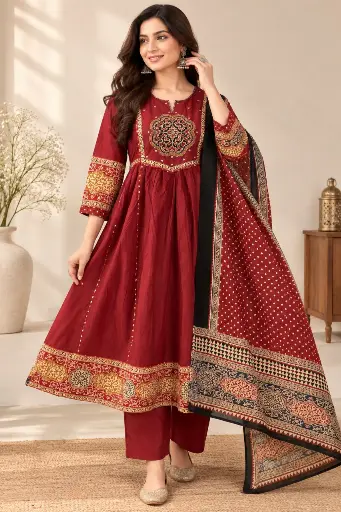 [2994] Elegant Maroon Floral Yoke Anarkali Suit Set by Pravra Fashion