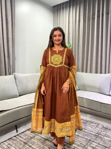 [2995] Chocolate Brown Anarkali Pure Mull Cotton Kurta Set with Bandhani Dupatta