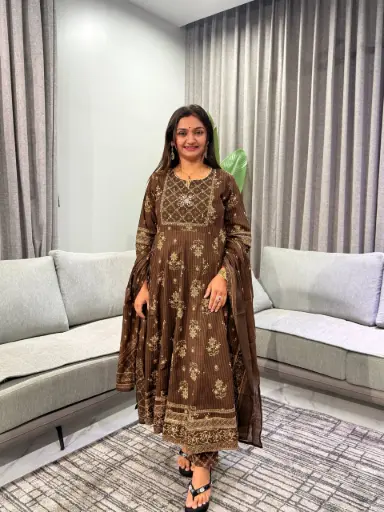[2998] Dark Coffee Brown Printed Pure Mull Cotton Flared Anarkali Kurta Set