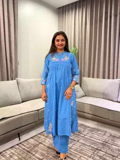 [2999] Powder Blue Floral Embroidered Pure Soft Flex Cotton Flared Kurta Set
