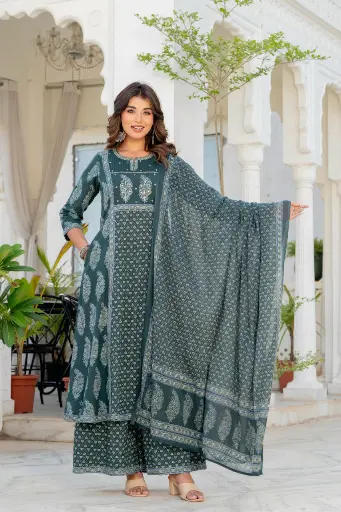 [3004] Dark Teal Green Floral Printed Pure Cotton Kalidar Kurta Set