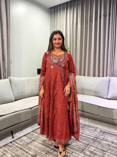 [3005] Brick Red Ajrakh Printed Mull Cotton Angrakha Kurta Set