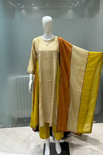 [3007] Beige & Multi Color-Blocked Pure Banarasi Mull Chanderi Kalidar Kurta Set
