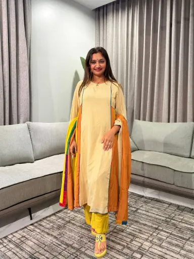 [3007] Beige & Multi Color-Blocked Pure Banarasi Mull Chanderi Kalidar Kurta Set