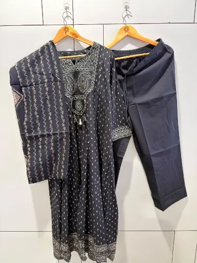 [3009] Midnight black Motif Pure Mull Cotton 3-Piece Set