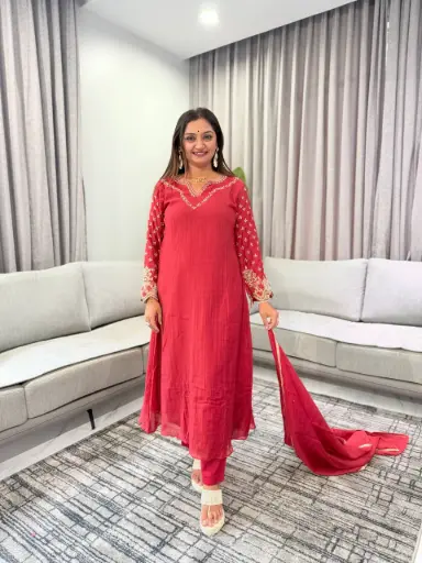 [3013] Crimson Red Hand-Embroidered Banarasi Mull Chanderi Anarkali Set