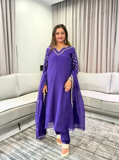 [3014] Royal Purple Hand-Worked Banarasi Mull Chanderi Suit