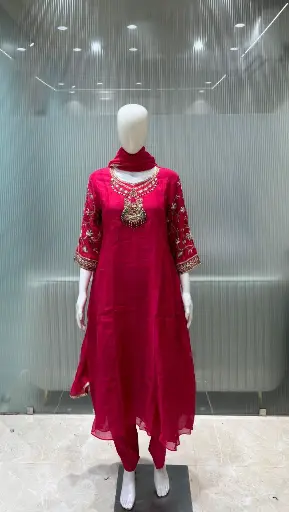 [3020] Rani Red Hand-Worked Russian Silk Kurta Set
