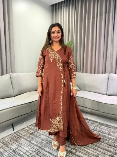 [3028] Chocolate Brown Hand-Worked Angrakha Silk Set