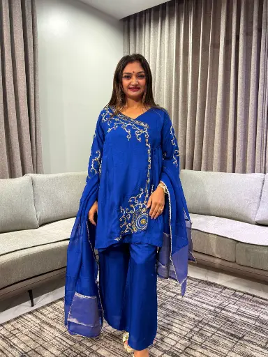 [3029] Royal Blue Hand-Worked Angrakha Silk Set