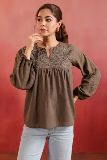 [3058] Olive Brown Embroidered Sily Cotton Top